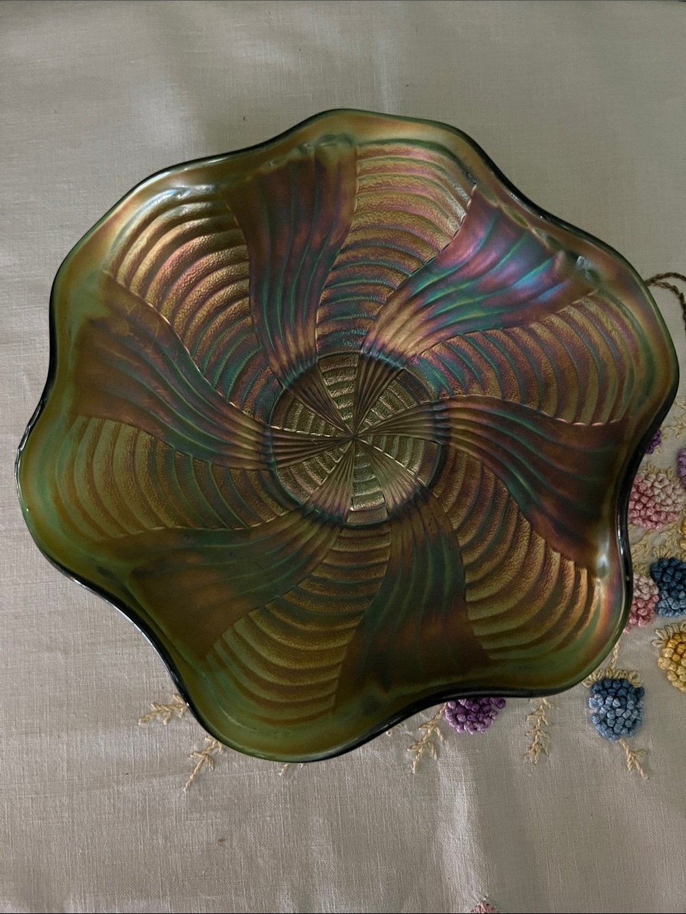 Vintage Fenton Carnival Glass Iridescent Ruffled Bowl 9” Rainbow Swirl Art Glass